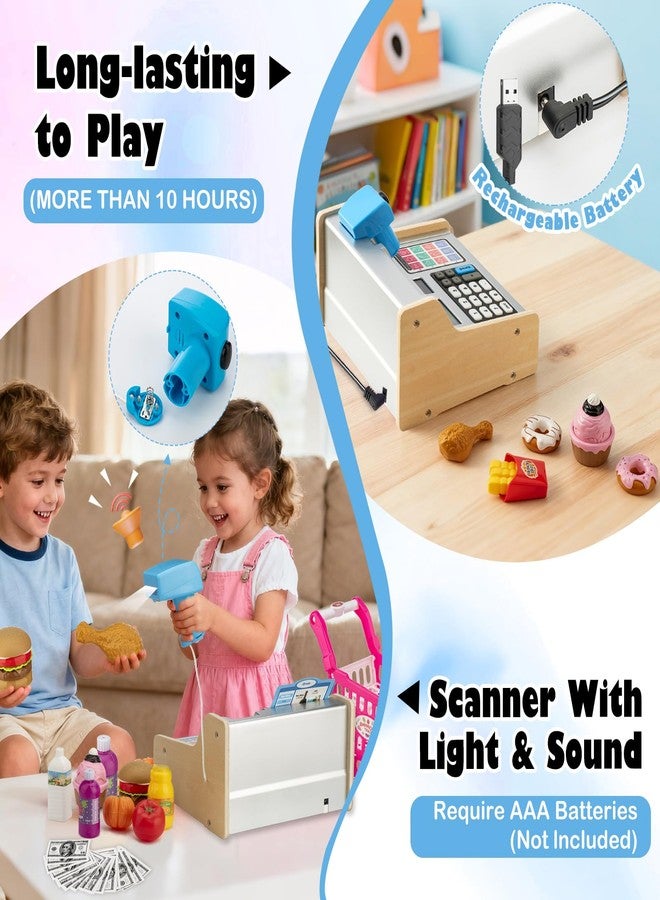 VROGTIK Wooden Cash Register for Kids with Shopping Cart Rechargeable Kid Cash Register with Scanner Gift for Kids Age 3 4 5 6 7 8 9 Year Old Pretend Play for Toddlers Toys for 3-12 Year Old Boys - Image 4